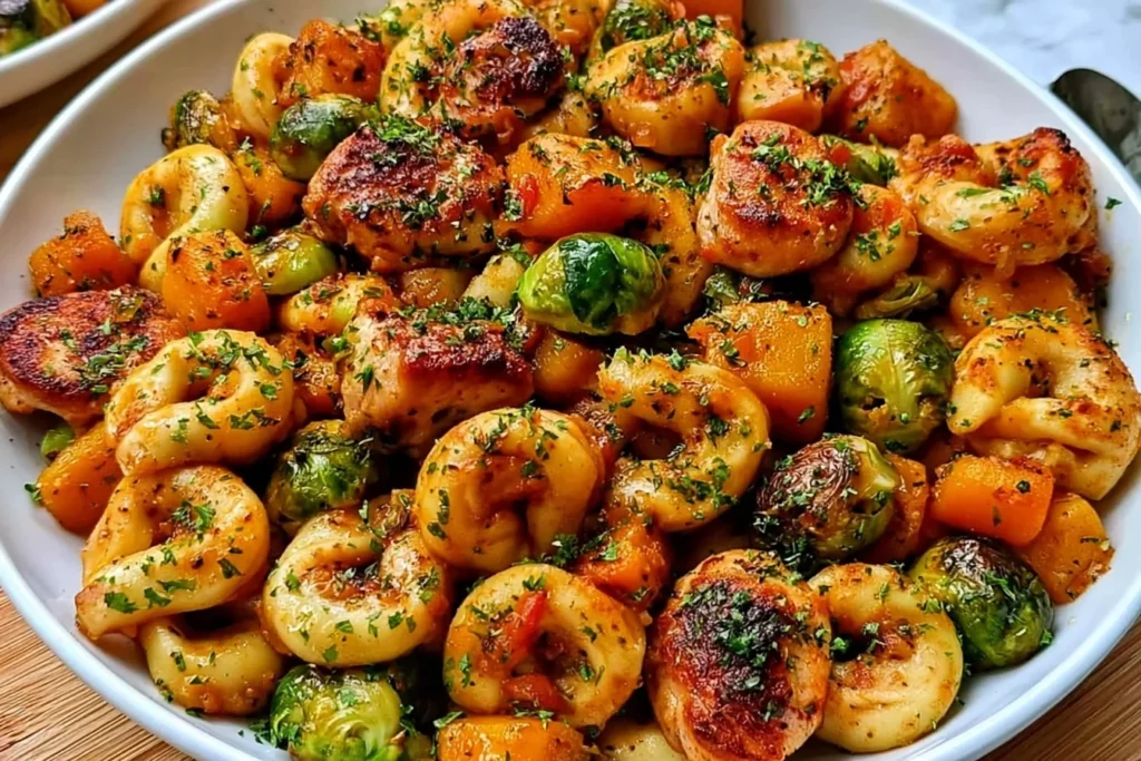Autumn Chicken Tortellini with Butternut Squash & Brussels Sprouts served with golden-seared chicken, roasted vegetables, cheese tortellini, and fresh herbs.