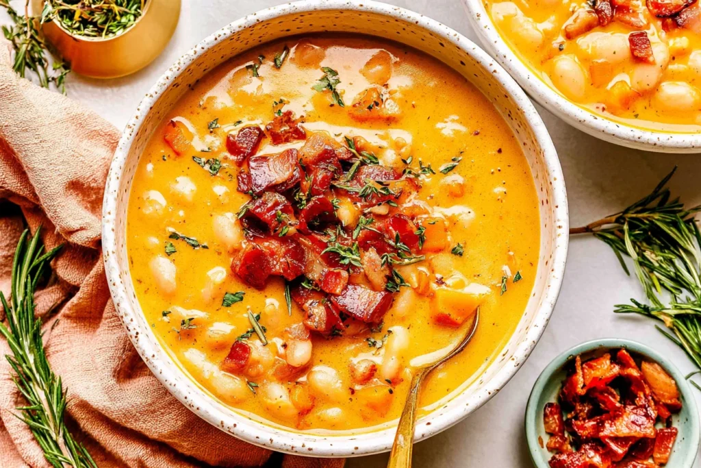 Autumn White Bean and Bacon Soup with creamy golden broth, tender cannellini beans, carrots, crispy bacon, and fresh herbs in a rustic bowl.
