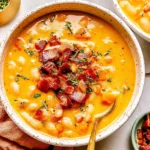 Autumn White Bean and Bacon Soup with creamy golden broth, tender cannellini beans, carrots, crispy bacon, and fresh herbs in a rustic bowl.