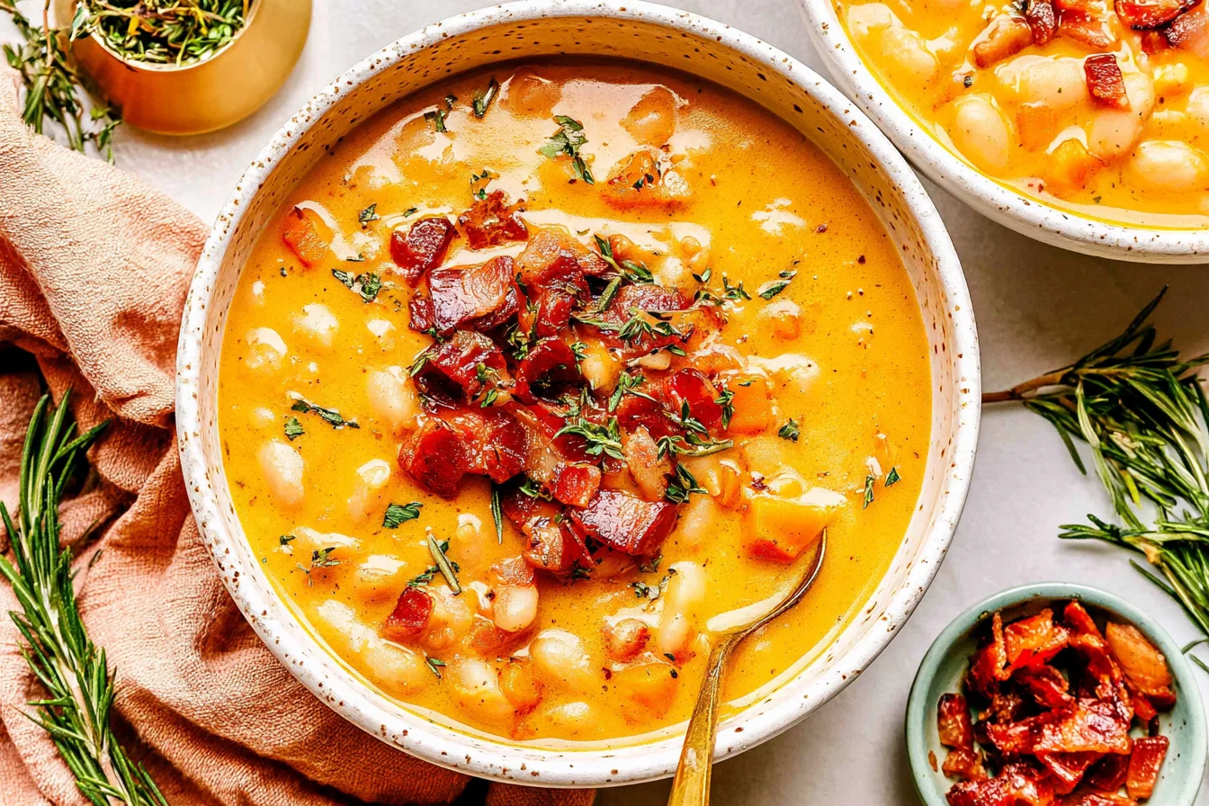 Autumn White Bean and Bacon Soup with creamy golden broth, tender cannellini beans, carrots, crispy bacon, and fresh herbs in a rustic bowl.