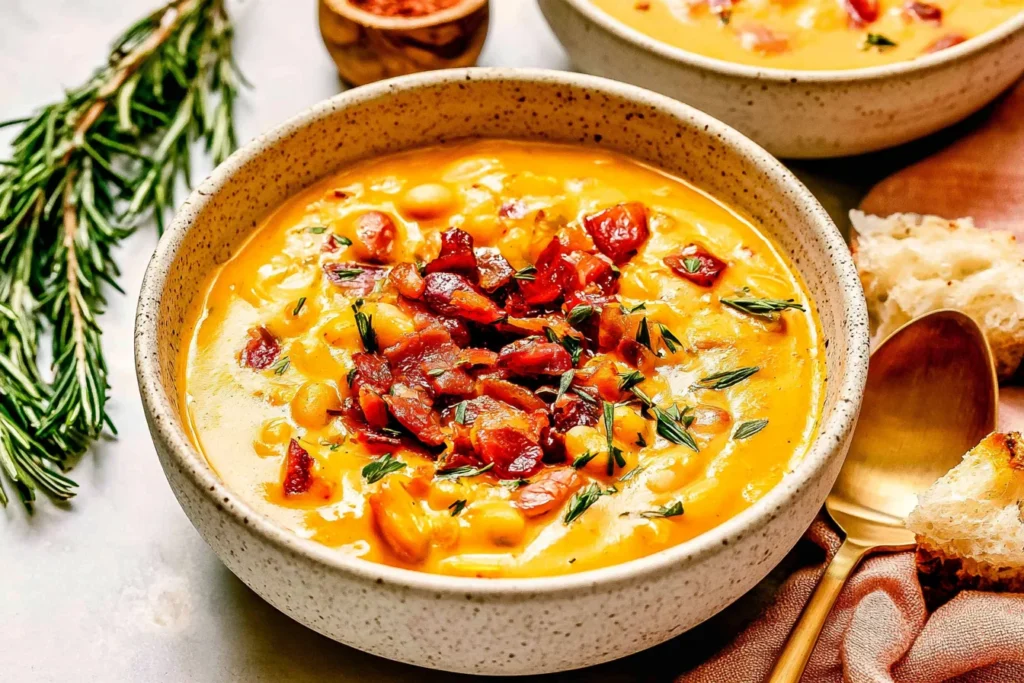 Autumn White Bean and Bacon Soup with creamy golden broth, tender cannellini beans, crispy bacon, carrots, and fresh rosemary served in a rustic ceramic bowl.