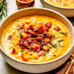Autumn White Bean and Bacon Soup with creamy golden broth, tender cannellini beans, crispy bacon, carrots, and fresh rosemary served in a rustic ceramic bowl.