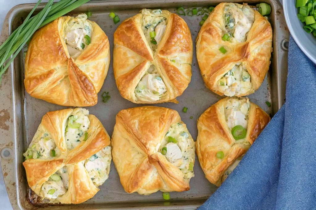 Cream Cheese Chicken Croissants filled with creamy shredded chicken and green onions, baked until golden and flaky on a sheet pan.
