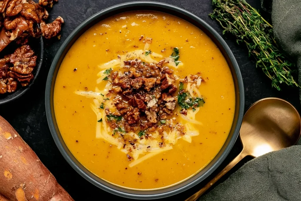 Apple Cheddar Sweet Potato Soup topped with shredded cheddar, crunchy pecans, herbs, and black pepper in a dark bowl.