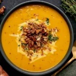 Apple Cheddar Sweet Potato Soup topped with shredded cheddar, crunchy pecans, herbs, and black pepper in a dark bowl.