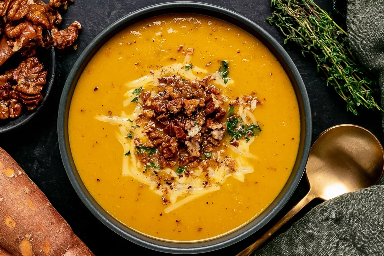 Apple Cheddar Sweet Potato Soup topped with shredded cheddar, crunchy pecans, herbs, and black pepper in a dark bowl.