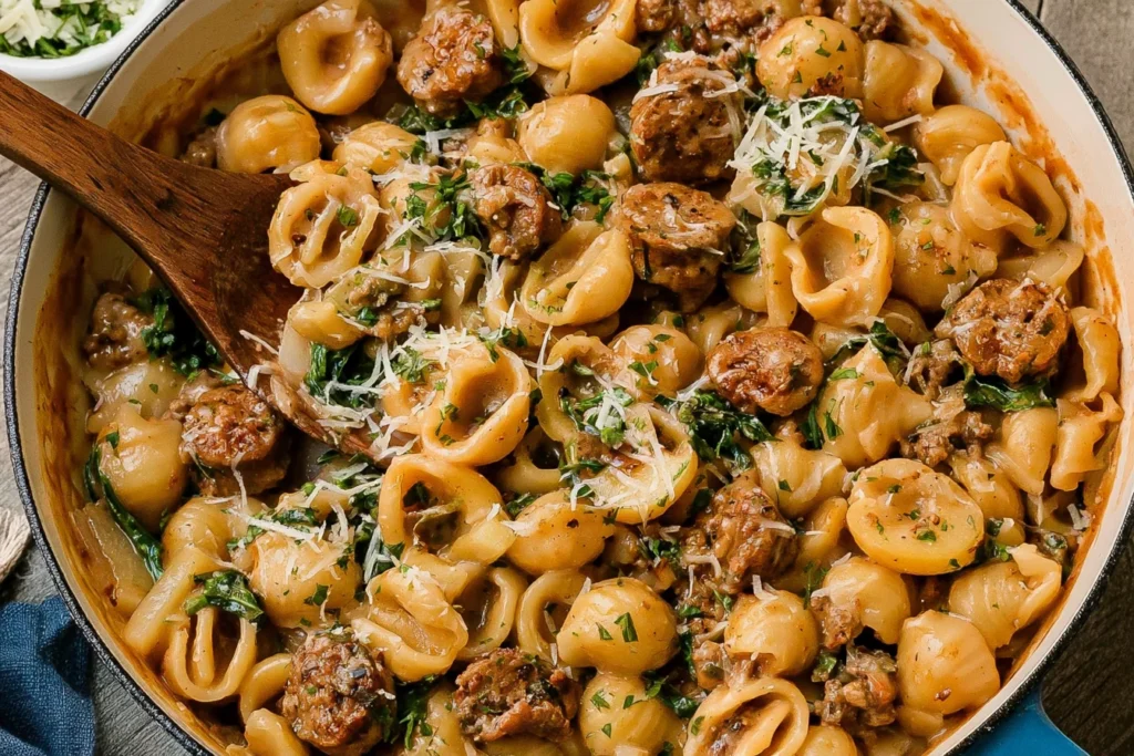 Creamy Apple Gouda Sausage Pasta with tender pasta shells, browned Italian sausage, melted Gouda cheese, and fresh herbs in a rich, creamy sauce.