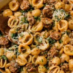 Creamy Apple Gouda Sausage Pasta with tender pasta shells, browned Italian sausage, melted Gouda cheese, and fresh herbs in a rich, creamy sauce.