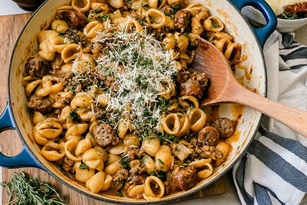 Creamy Apple Gouda Sausage Pasta with tender pasta shells, Italian sausage, rich Gouda cheese sauce, fresh herbs, and grated cheese in a skillet.