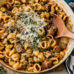 Creamy Apple Gouda Sausage Pasta with tender pasta shells, Italian sausage, rich Gouda cheese sauce, fresh herbs, and grated cheese in a skillet.