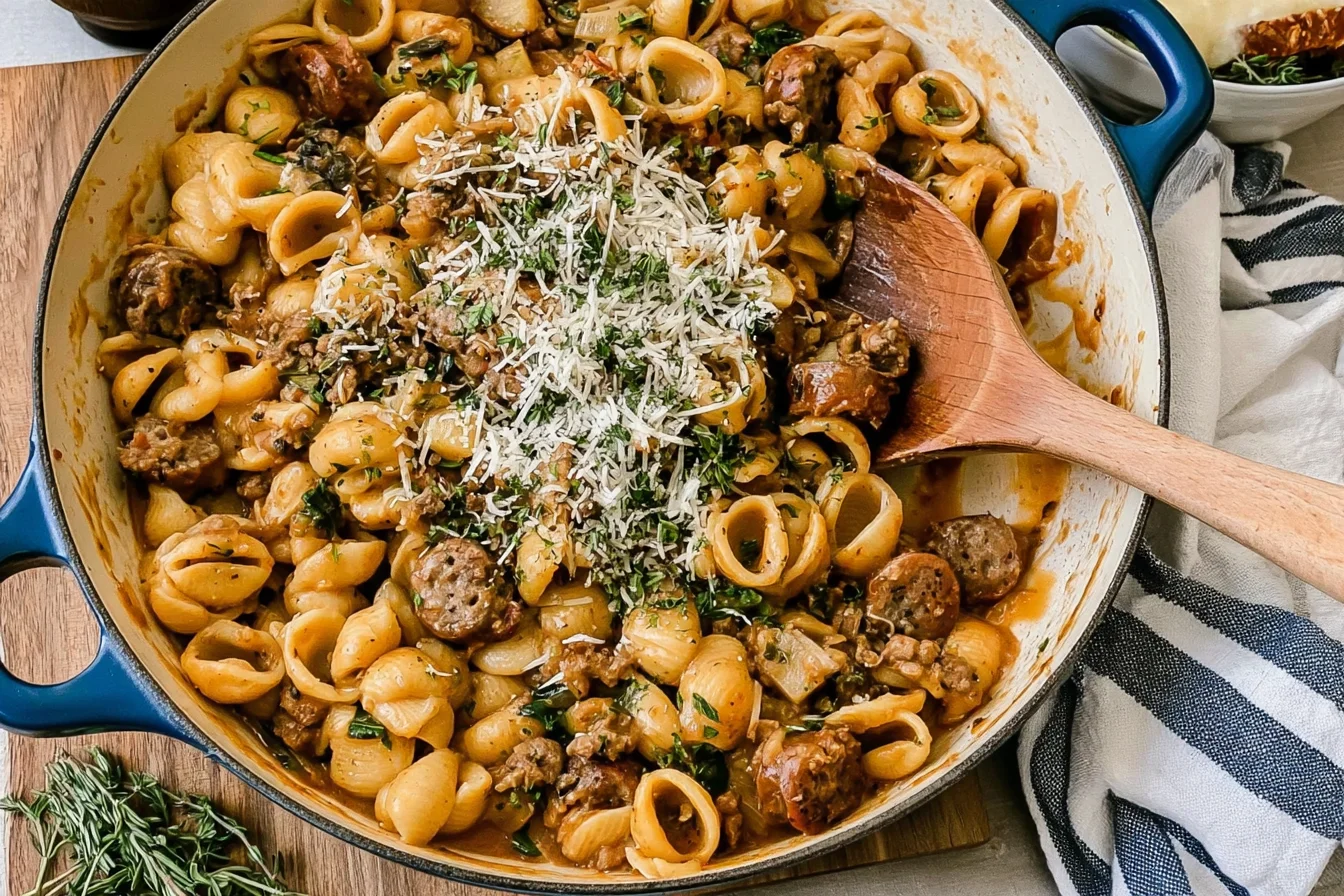 Creamy Apple Gouda Sausage Pasta with tender pasta shells, Italian sausage, rich Gouda cheese sauce, fresh herbs, and grated cheese in a skillet.