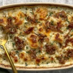 Caramelized Onion Potatoes au Gratin baked with golden Gruyère cheese, creamy sliced potatoes, sweet caramelized onions, and fresh thyme in a ceramic dish.