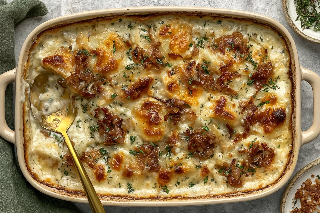 Caramelized Onion Potatoes au Gratin baked with golden Gruyère cheese, creamy sliced potatoes, sweet caramelized onions, and fresh thyme in a ceramic dish.