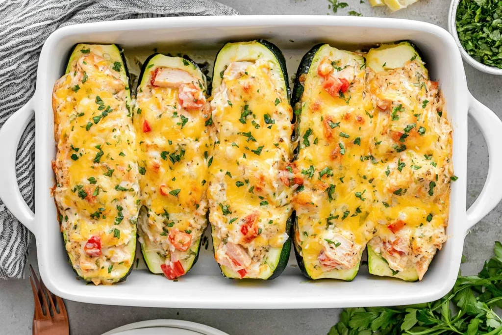 Creamy Chicken Stuffed Zucchini Boats topped with melted cheese, chicken, tomatoes, and fresh herbs in a white baking dish.