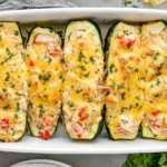 Creamy Chicken Stuffed Zucchini Boats topped with melted cheese, chicken, tomatoes, and fresh herbs in a white baking dish.