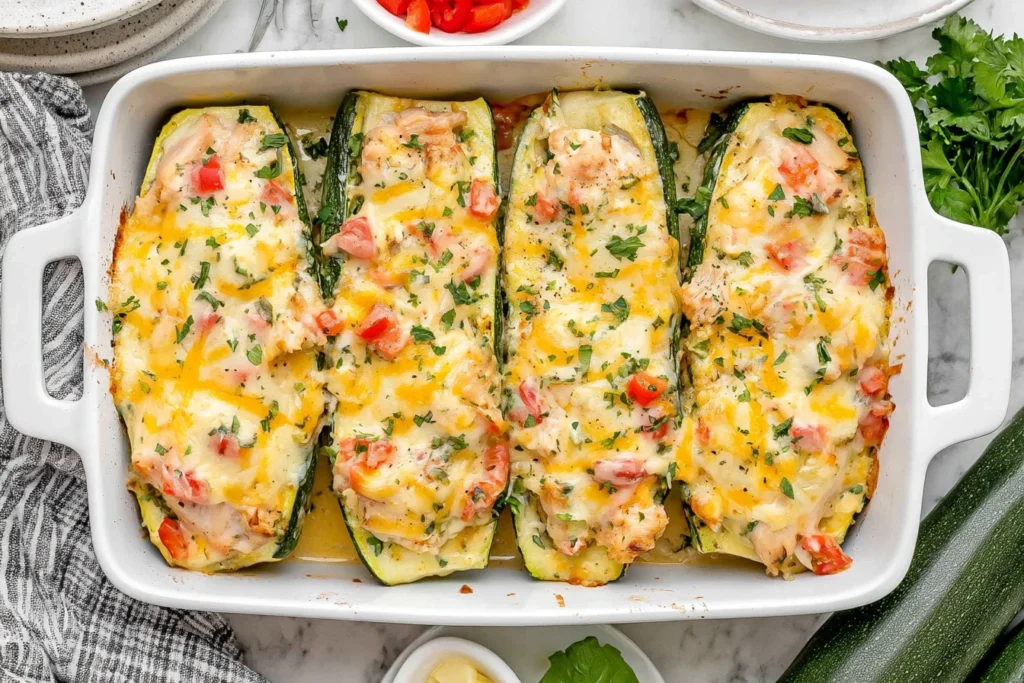 Creamy Chicken Stuffed Zucchini Boats baked with tender chicken, tomatoes, herbs, Parmesan, and melted cheese in a casserole dish.
