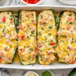 Creamy Chicken Stuffed Zucchini Boats baked with tender chicken, tomatoes, herbs, Parmesan, and melted cheese in a casserole dish.