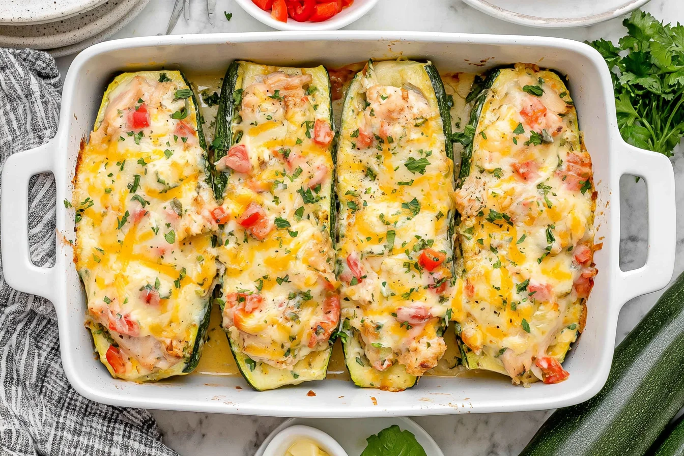 Creamy Chicken Stuffed Zucchini Boats baked with tender chicken, tomatoes, herbs, Parmesan, and melted cheese in a casserole dish.