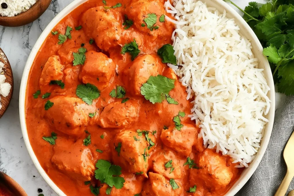 Crockpot Chicken Tikka Masala with tender chicken in creamy tomato sauce, served with basmati rice and fresh cilantro.