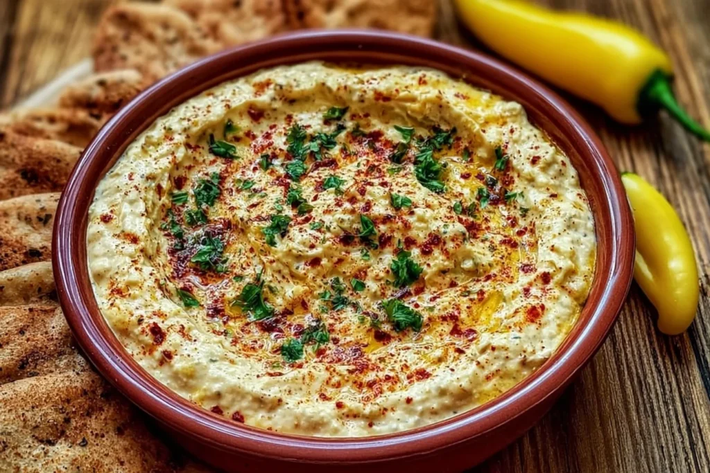 Golden Banana Pepper Dip served creamy and warm with herbs, spices, banana peppers, and toasted bread for dipping.