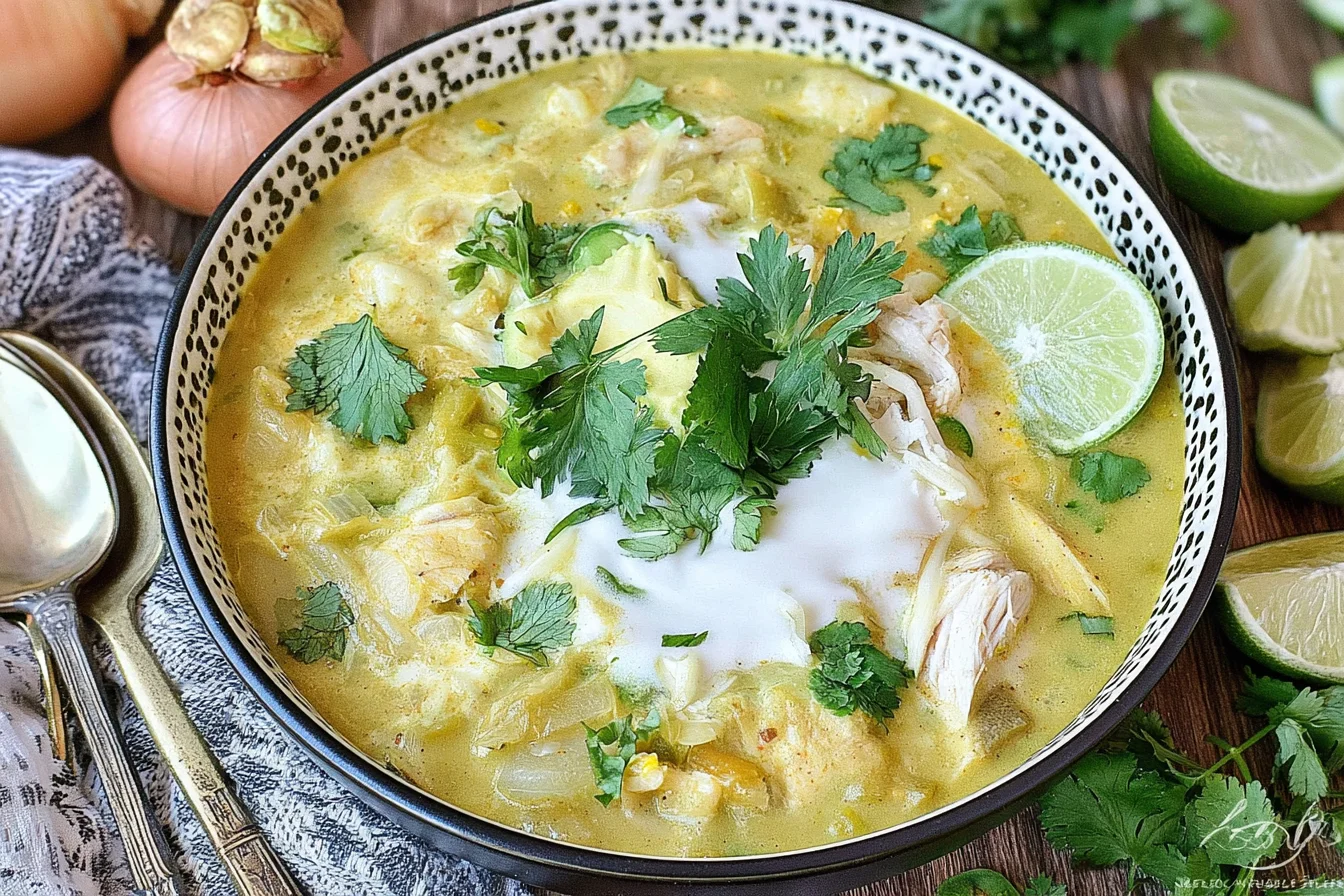 Creamy Green Enchiladas Chicken Soup with tender shredded chicken, green chilies, fresh cilantro, lime, and a rich, creamy broth.