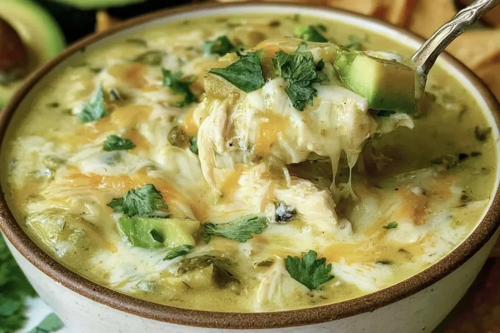Creamy Green Enchiladas Chicken Soup with tender shredded chicken, melted cheese, green chilies, avocado, and fresh cilantro in a rich, creamy broth.