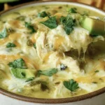 Creamy Green Enchiladas Chicken Soup with tender shredded chicken, melted cheese, green chilies, avocado, and fresh cilantro in a rich, creamy broth.
