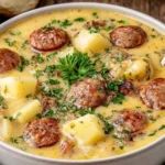 Creamy Kielbasa Potato Soup with sliced smoked kielbasa sausage, tender potato chunks, and fresh parsley in a white bowl.