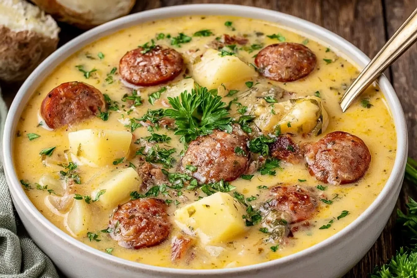 Creamy Kielbasa Potato Soup with sliced smoked kielbasa sausage, tender potato chunks, and fresh parsley in a white bowl.