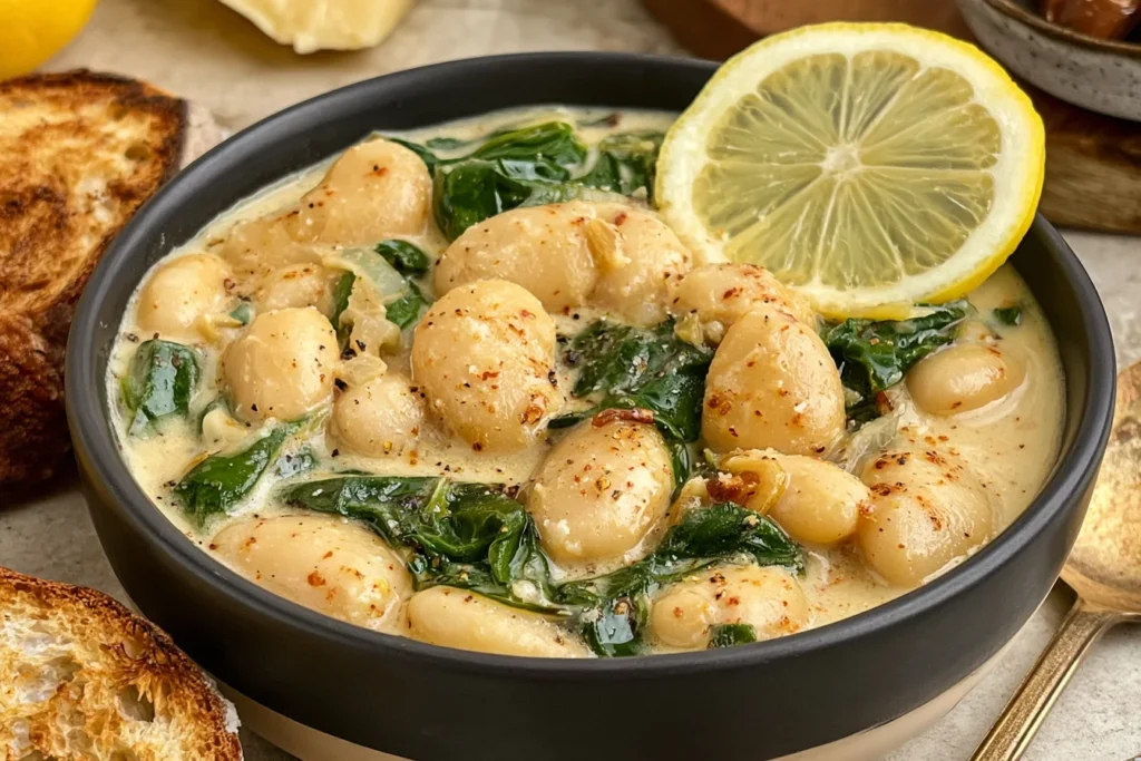 Creamy Lemon Garlic Butter Beans with tender white beans, fresh spinach, and a rich lemon garlic sauce, served with toasted bread