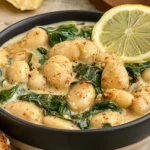 Creamy Lemon Garlic Butter Beans with tender white beans, fresh spinach, and a rich lemon garlic sauce, served with toasted bread