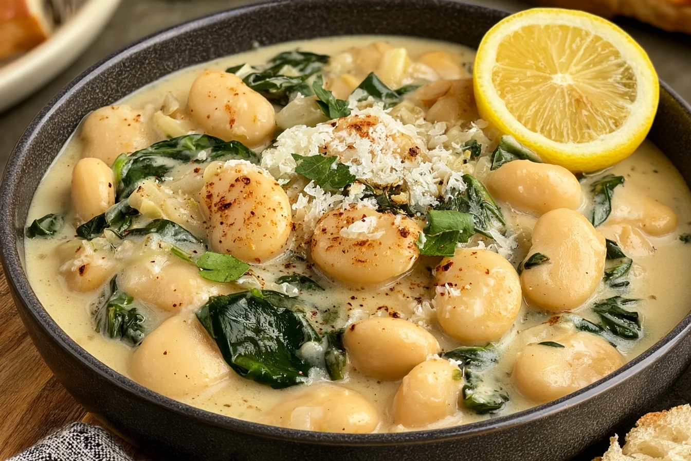 Creamy Lemon Garlic Butter Beans in a rich garlic lemon sauce with tender white beans, fresh spinach, herbs, and a lemon slice.