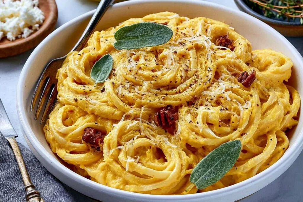 Pumpkin Cottage Cheese Pasta with creamy pumpkin sauce, Parmesan, fresh sage, black pepper, and toasted pecans in a white bowl