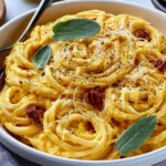 Pumpkin Cottage Cheese Pasta with creamy pumpkin sauce, Parmesan, fresh sage, black pepper, and toasted pecans in a white bowl