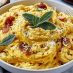 Pumpkin Cottage Cheese Pasta with creamy pumpkin sauce, Parmesan, fresh sage, and black pepper in a white bowl