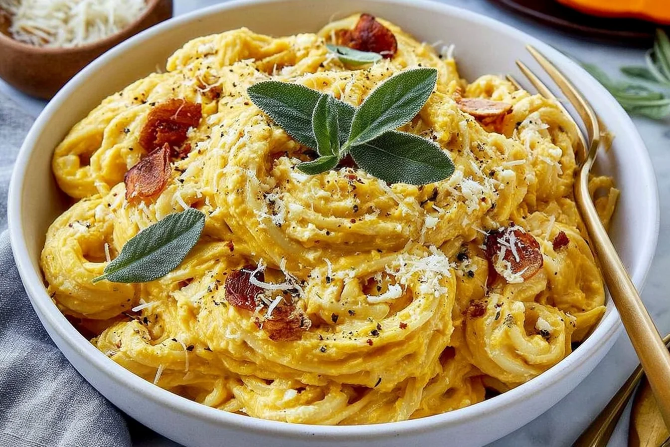 Pumpkin Cottage Cheese Pasta with creamy pumpkin sauce, Parmesan, fresh sage, and black pepper in a white bowl