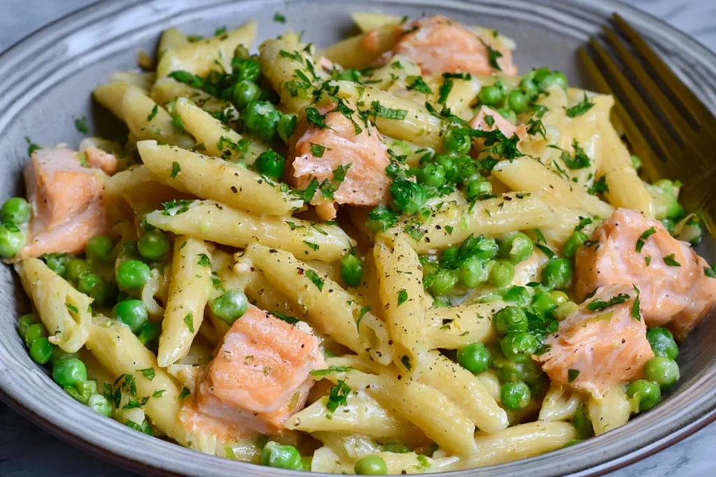 Salmon and Pea Pasta with Lemon featuring flaky salmon pieces, creamy penne pasta, vibrant green peas, and fresh parsley in a rich lemon crème fraîche sauce.