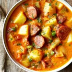 Spanish Potato Soup with Chorizo featuring tender potato chunks, sliced smoky chorizo, vegetables, and fresh parsley in a rich, creamy orange broth.