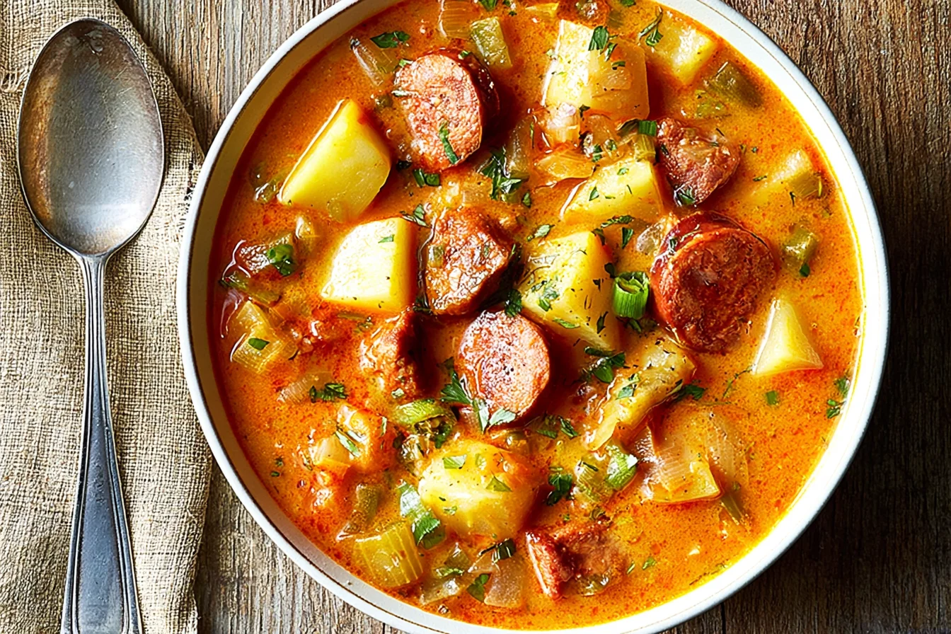 Spanish Potato Soup with Chorizo featuring tender potato chunks, sliced smoky chorizo, vegetables, and fresh parsley in a rich, creamy orange broth.