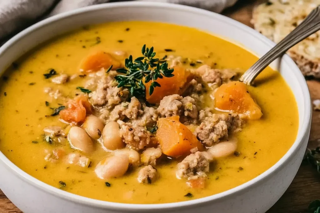 Turkey Pumpkin White Bean Chili with ground turkey, white beans, pumpkin broth, carrots, and fresh thyme in a white bowl.