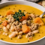 Turkey Pumpkin White Bean Chili with ground turkey, white beans, pumpkin broth, carrots, and fresh thyme in a white bowl.
