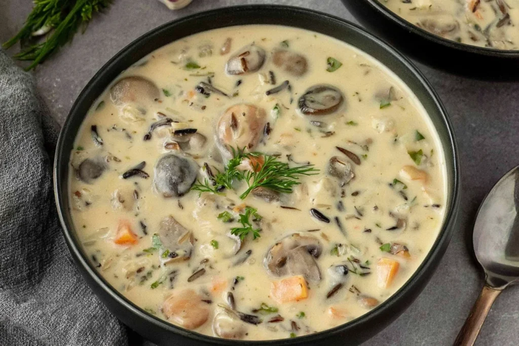 Creamy Wild Rice Mushroom Soup served in a black bowl, featuring tender cremini mushrooms, wild rice, diced carrots, and fresh herbs in a rich, creamy broth.