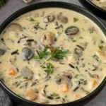 Creamy Wild Rice Mushroom Soup served in a black bowl, featuring tender cremini mushrooms, wild rice, diced carrots, and fresh herbs in a rich, creamy broth.
