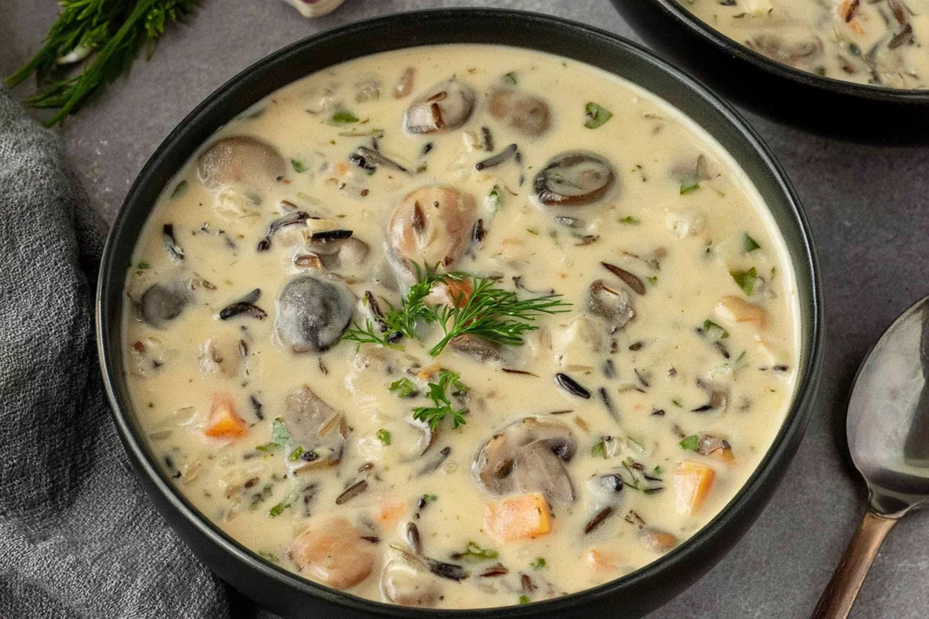 Creamy Wild Rice Mushroom Soup served in a black bowl, featuring tender cremini mushrooms, wild rice, diced carrots, and fresh herbs in a rich, creamy broth.