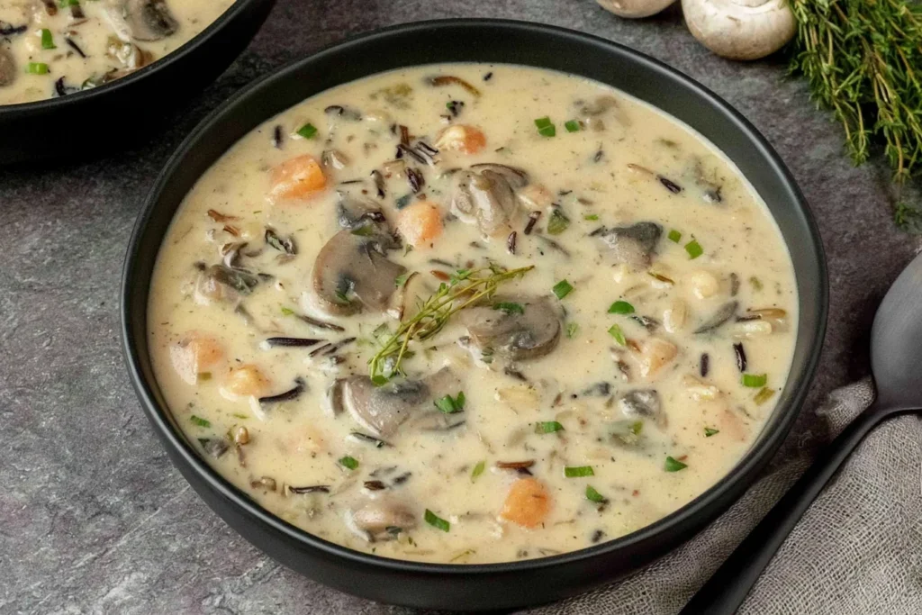 Creamy Wild Rice Mushroom Soup in a black bowl, filled with sliced cremini mushrooms, tender wild rice, diced carrots, and fresh herbs in a rich, velvety broth.