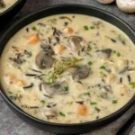 Creamy Wild Rice Mushroom Soup in a black bowl, filled with sliced cremini mushrooms, tender wild rice, diced carrots, and fresh herbs in a rich, velvety broth.