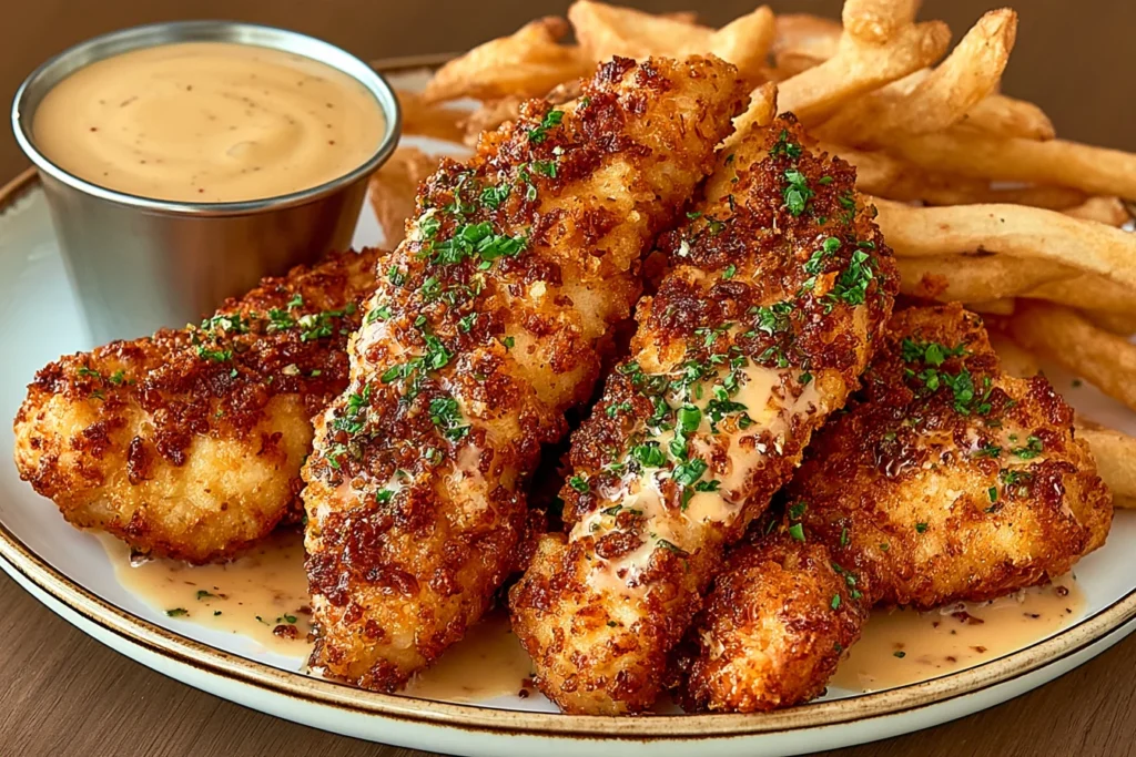 Crispy Crack Chicken Tenders coated in golden Parmesan and Ritz cracker crumbs, garnished with parsley and served with French fries and creamy ranch dipping sauce.