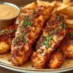 Crispy Crack Chicken Tenders coated in golden Parmesan and Ritz cracker crumbs, garnished with parsley and served with French fries and creamy ranch dipping sauce.