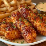 Crispy golden-brown Crack Chicken Tenders coated in Parmesan and Ritz cracker crumbs, served with French fries and creamy dipping sauce.