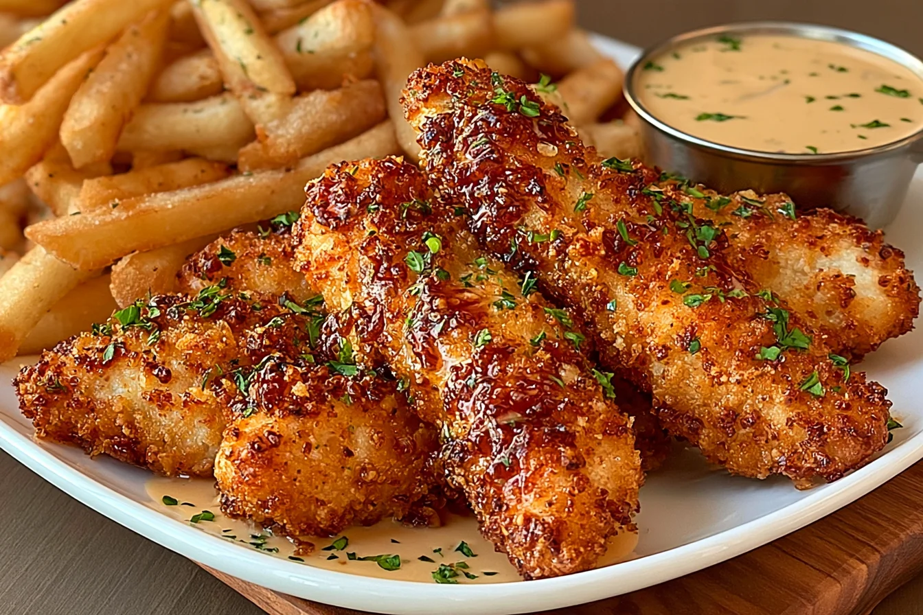 Crispy golden-brown Crack Chicken Tenders coated in Parmesan and Ritz cracker crumbs, served with French fries and creamy dipping sauce.
